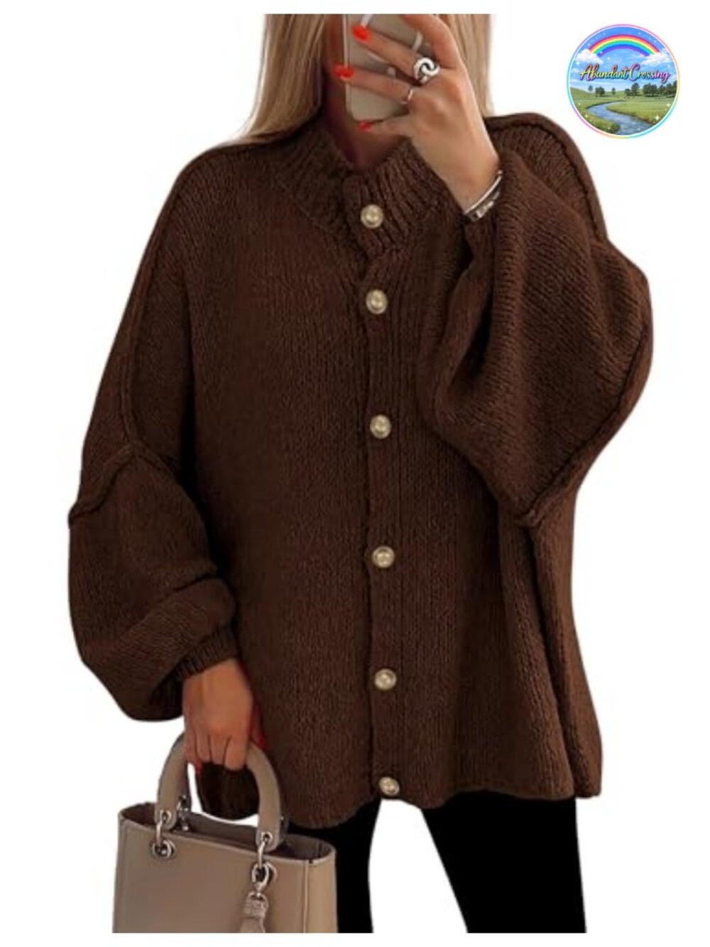 Oversized Chunky Knit Button Down Cardigan Sweater Mock Neck Lantern Sleeve